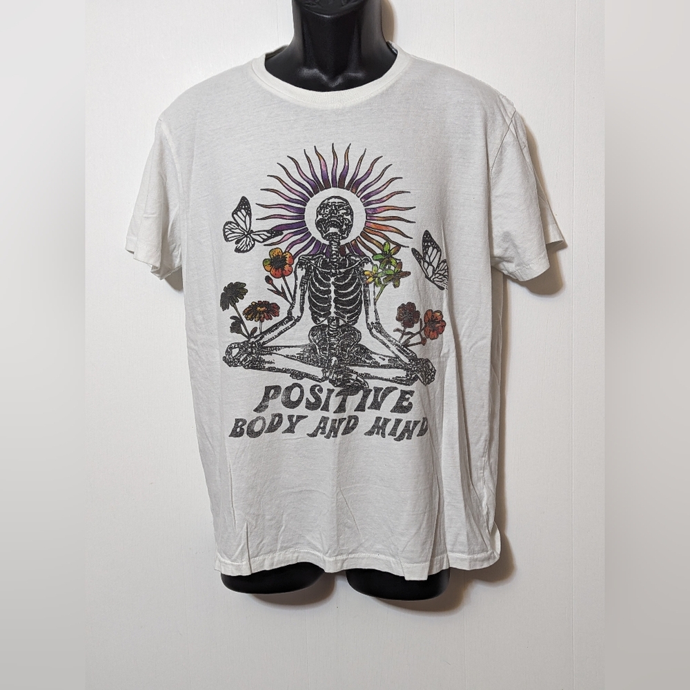 Men's Aeropostale Positive Body and Mind Skeleton Graphic White T-Shirt